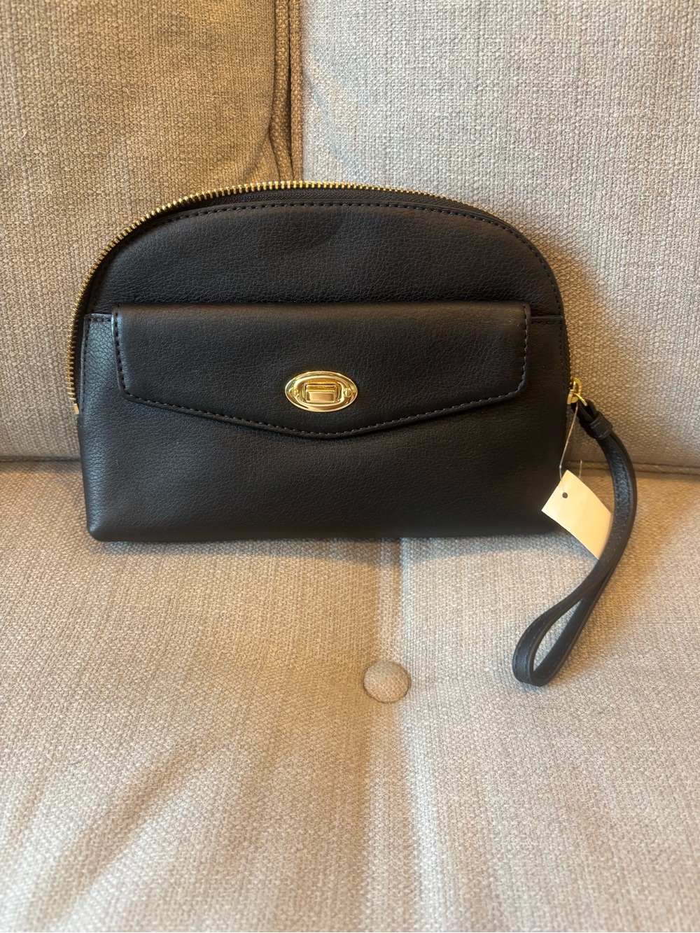 Black Leather Wristlet with Gold Zipper